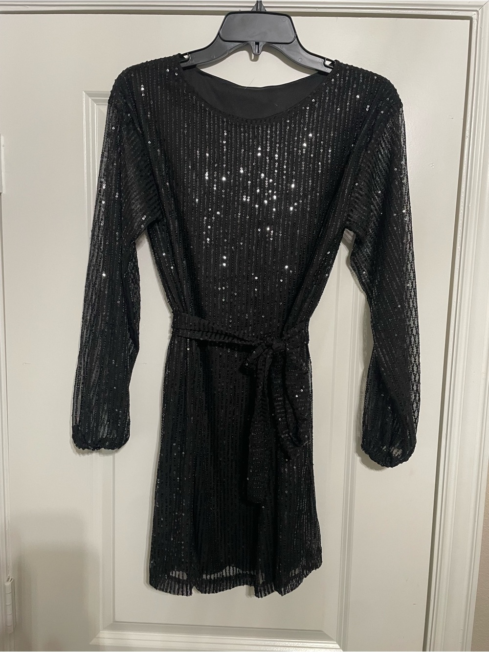 Black Sequin Long-Sleeve Belted Mini Dress Size Medium